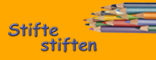 „Stifte stiften“-Logo Schrift und Stifte auf Orange für Presse und Blog
