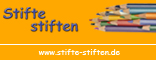 „Stifte stiften“-Logo Schrift und Stifte auf Orange mit Unterzeile Site-Name für Presse und Blog